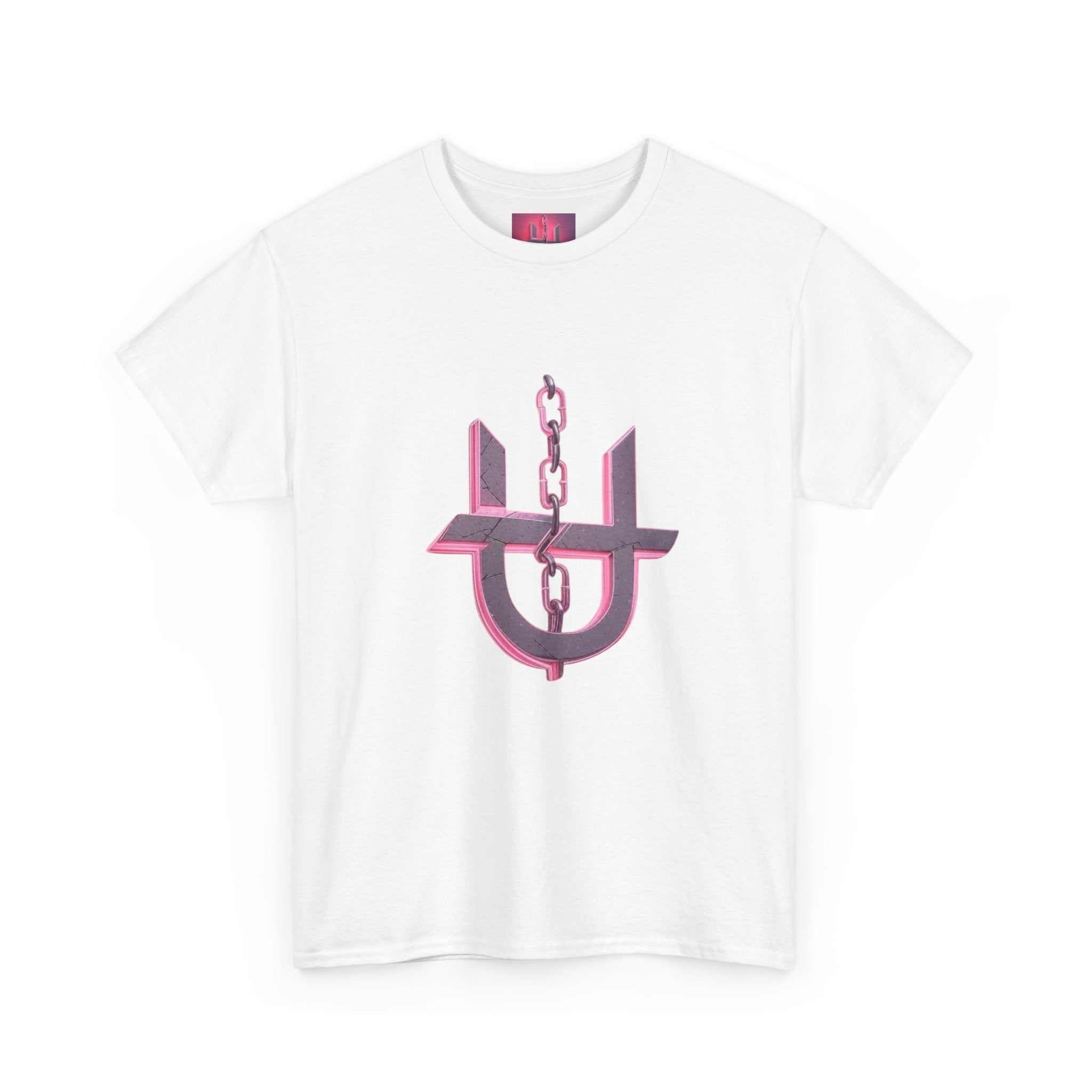 Pink Unhinged logo t-shirt by Printify displayed flat, showcasing the vibrant design and soft fabric texture.