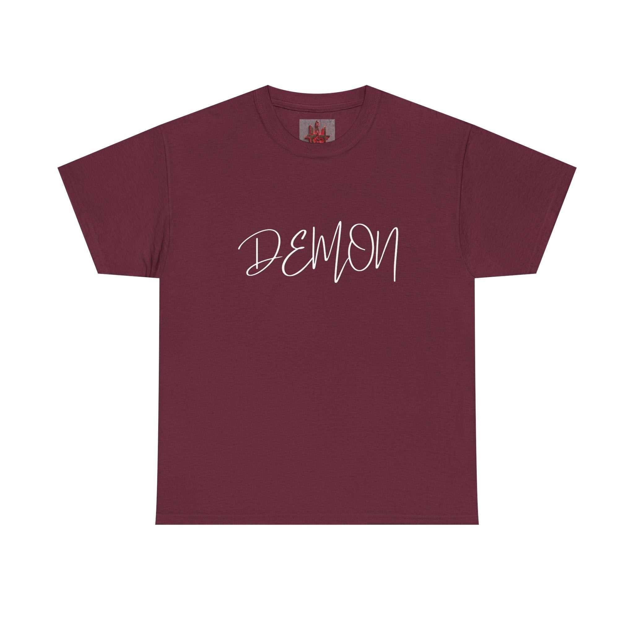 Maroon Demon Script t-shirt with bold white handwritten text, soft breathable cotton tee, classic fit and ribbed collar.