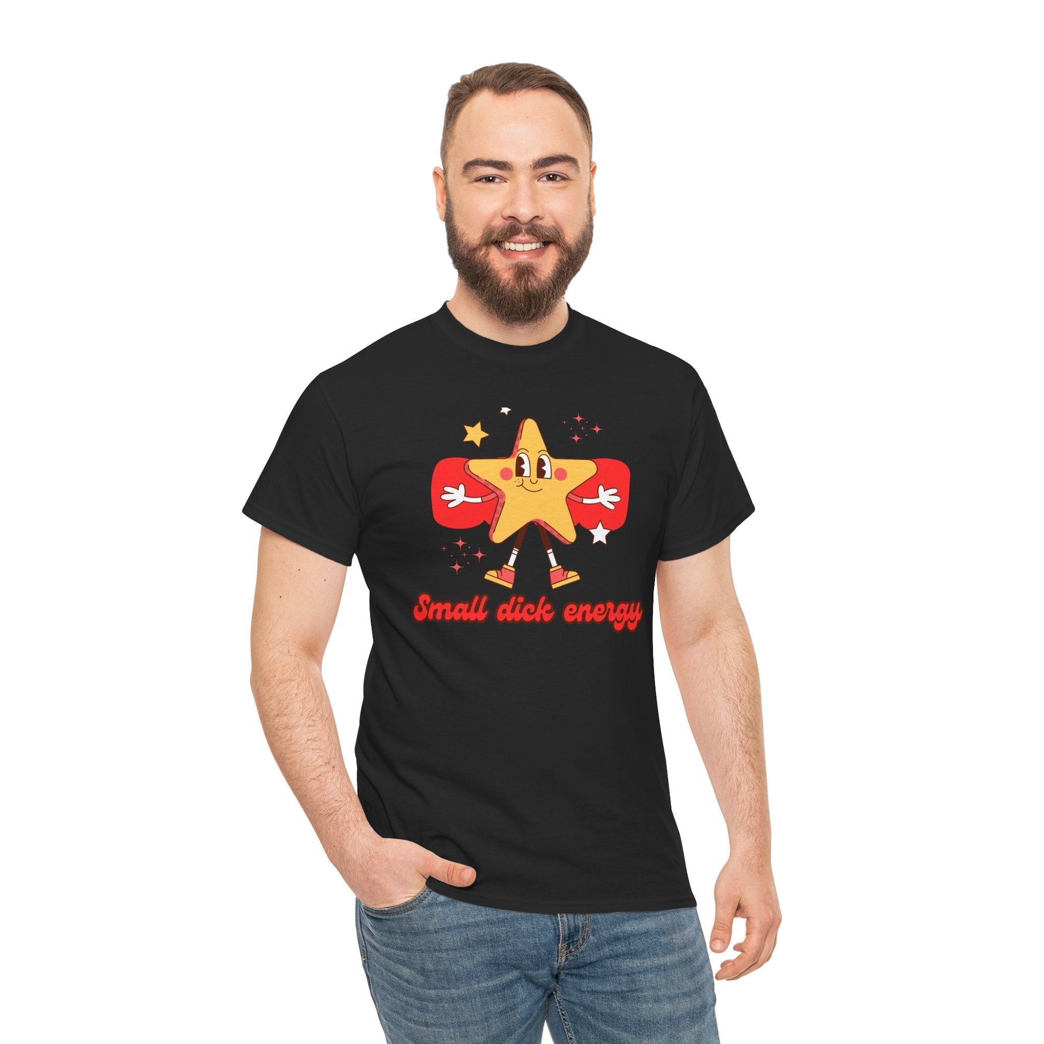 Man wearing black Small Energy cotton t-shirt with smiling star cartoon and red text design