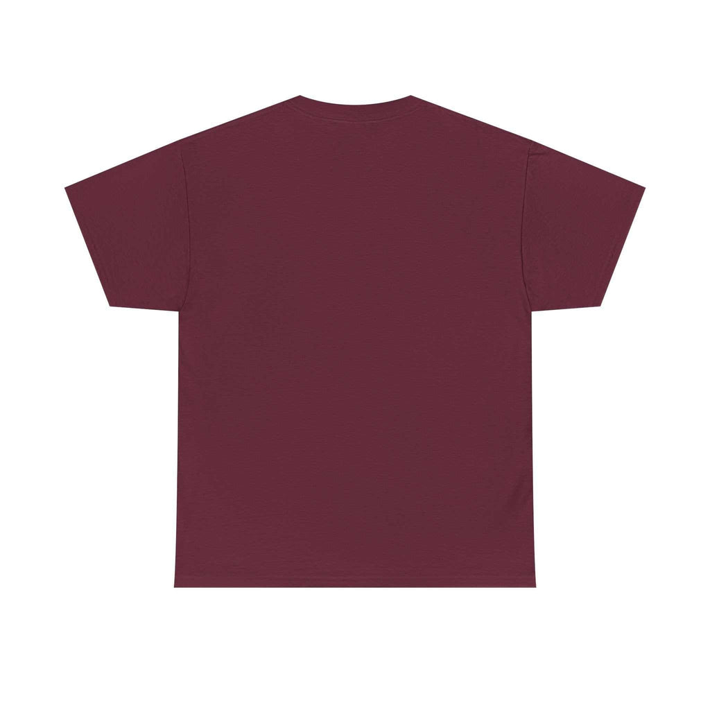 Back view of maroon Demon Script soft breathable cotton t-shirt with ribbed collar and shoulder tape