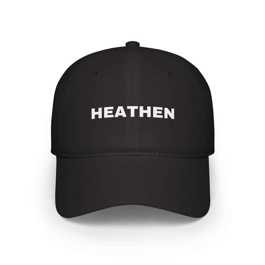 Black low profile baseball cap with white Heathen embroidery and adjustable Velcro strap