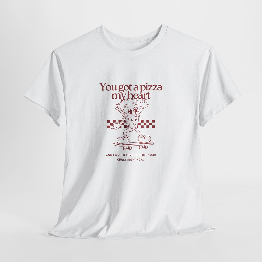 White Stuff your crust t-shirt with vintage roller-skating pizza graphic and playful slogan