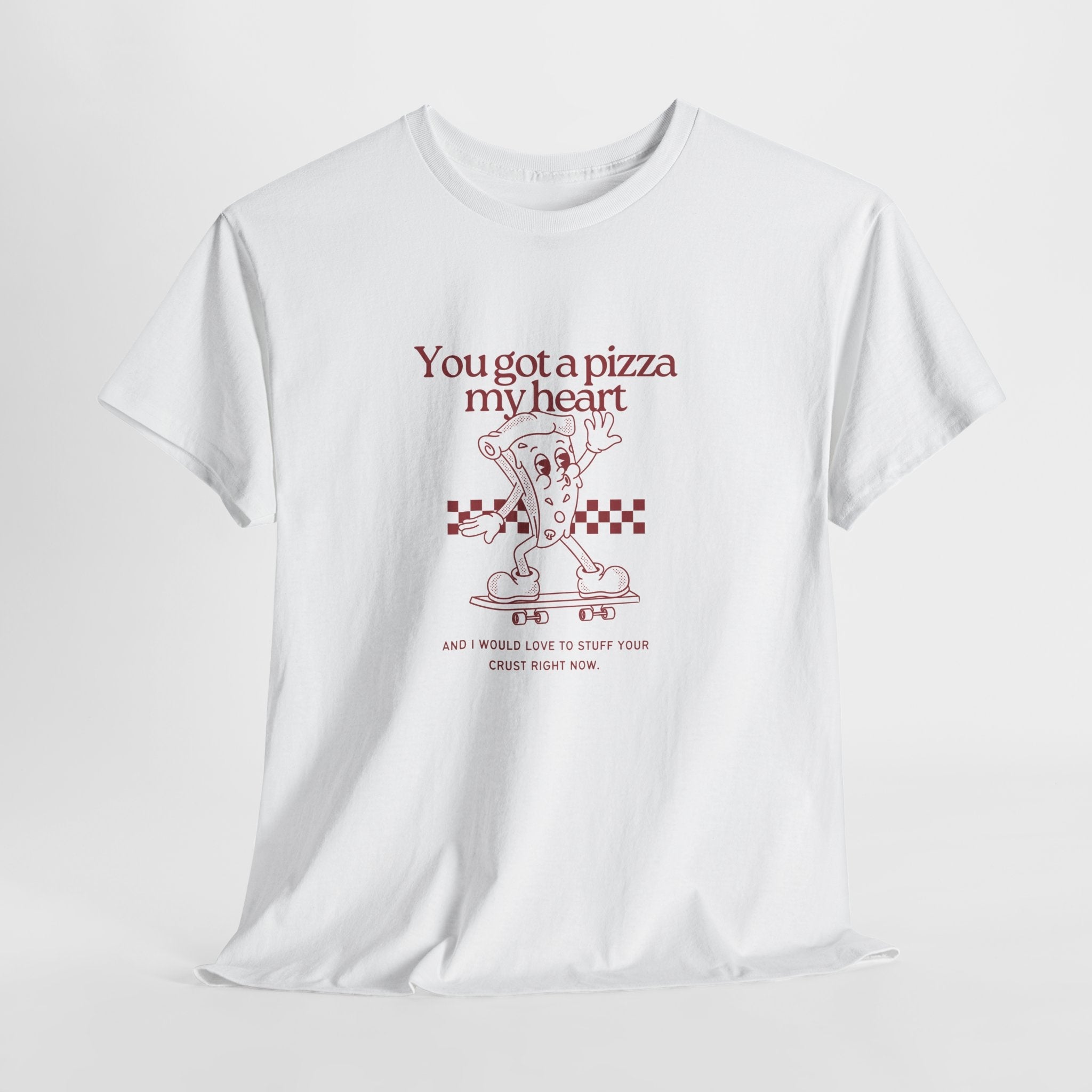 White Stuff your crust t-shirt with vintage roller-skating pizza graphic and playful slogan