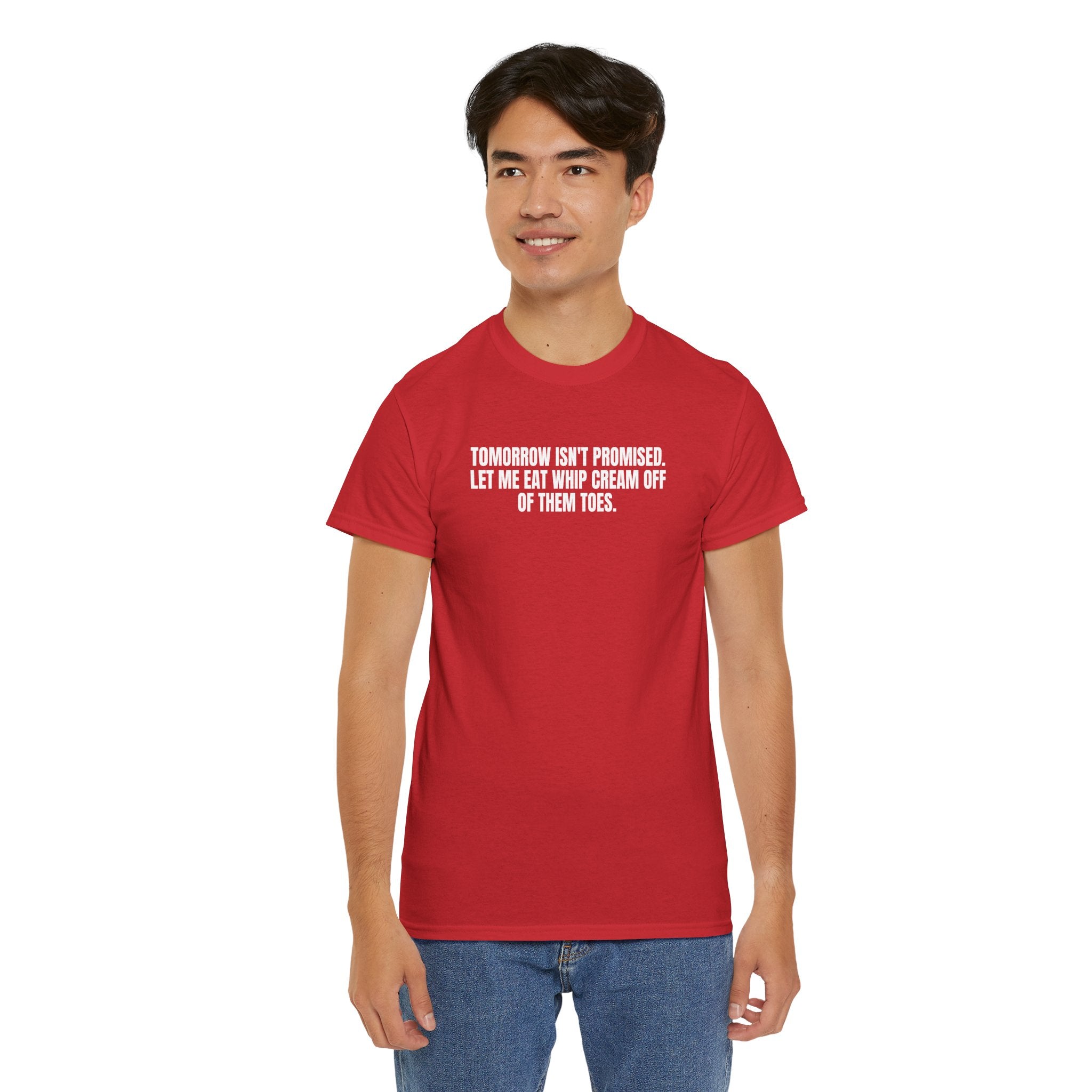 Black Printify T-shirt featuring the phrase "Tomorrow Still Isn't Promised" in bold white lettering.
