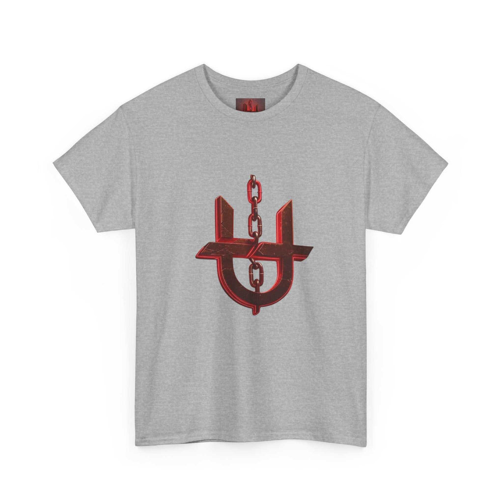 Red Unhinged logo t-shirt by Printify featuring a bold graphic on the front, perfect for casual wear.