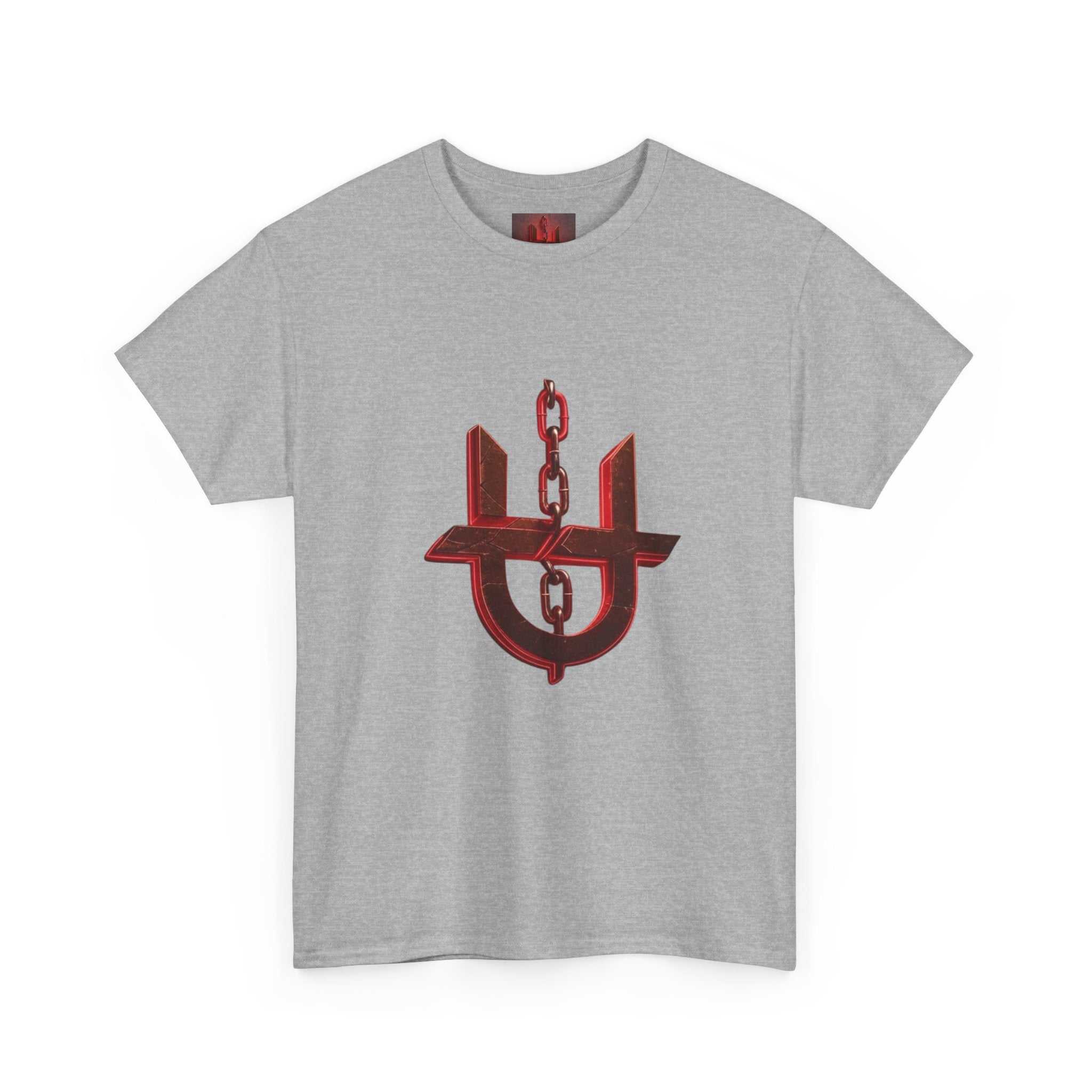 Red Unhinged logo t-shirt by Printify featuring a bold graphic on the front, perfect for casual wear.