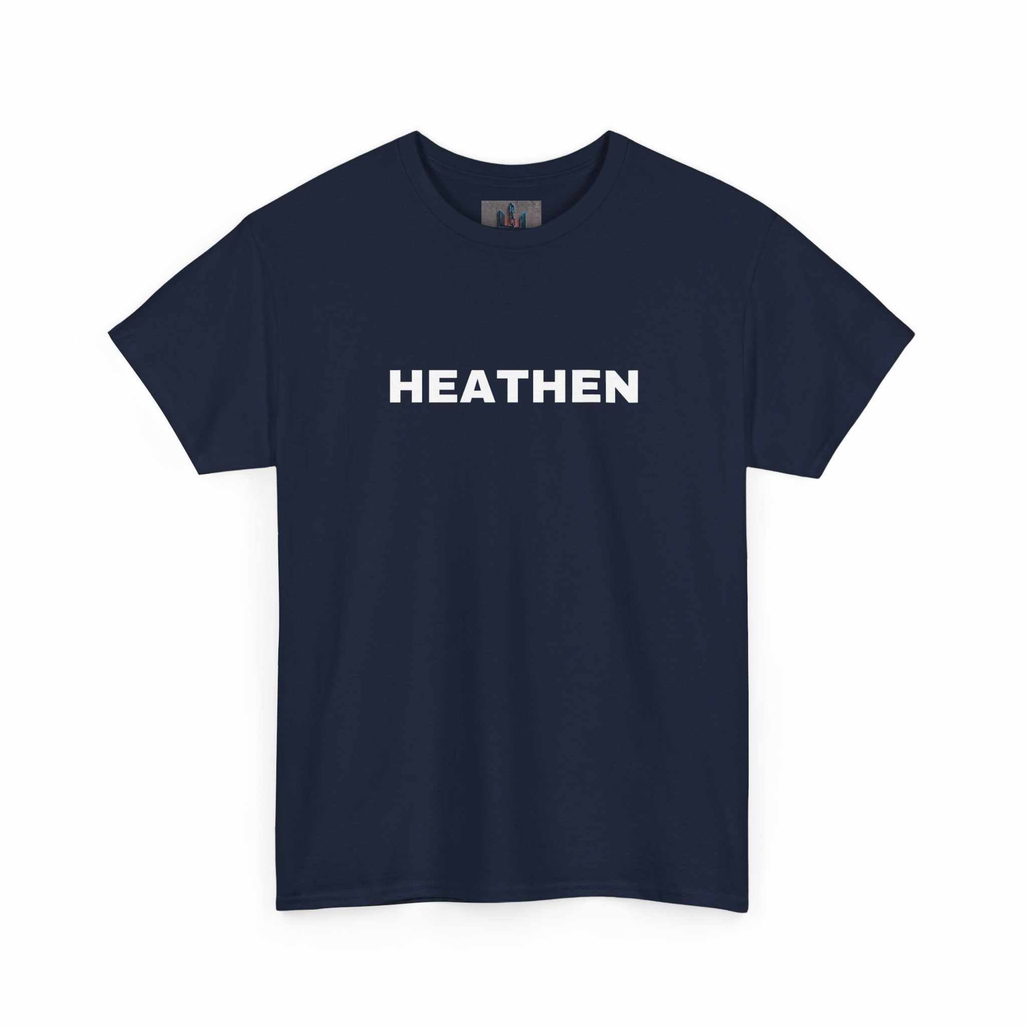 Navy blue Heathen t-shirt with bold white text, 100% cotton, durable and comfortable design