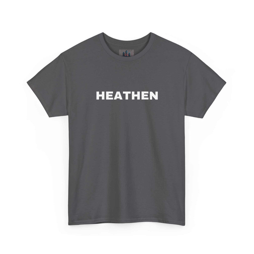 Gray Heathen t-shirt with bold white text on center chest, 100% cotton, durable medium-weight fabric, classic fit