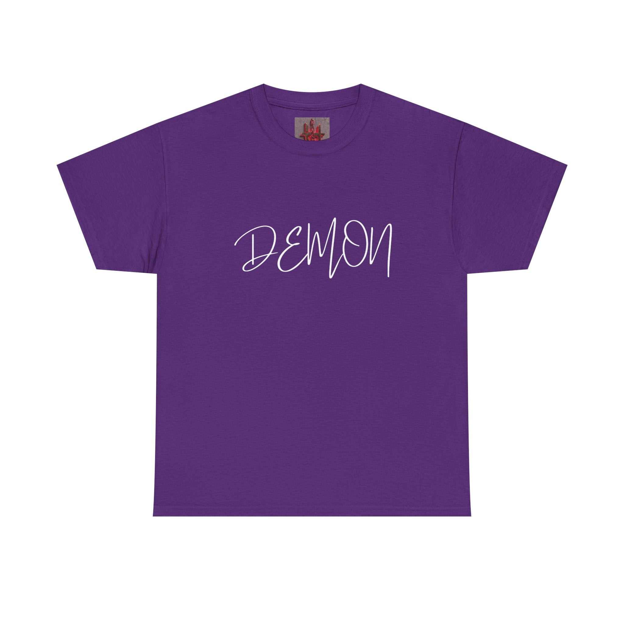Purple Demon Script t-shirt with bold white handwritten lettering on chest, soft breathable cotton, classic fit
