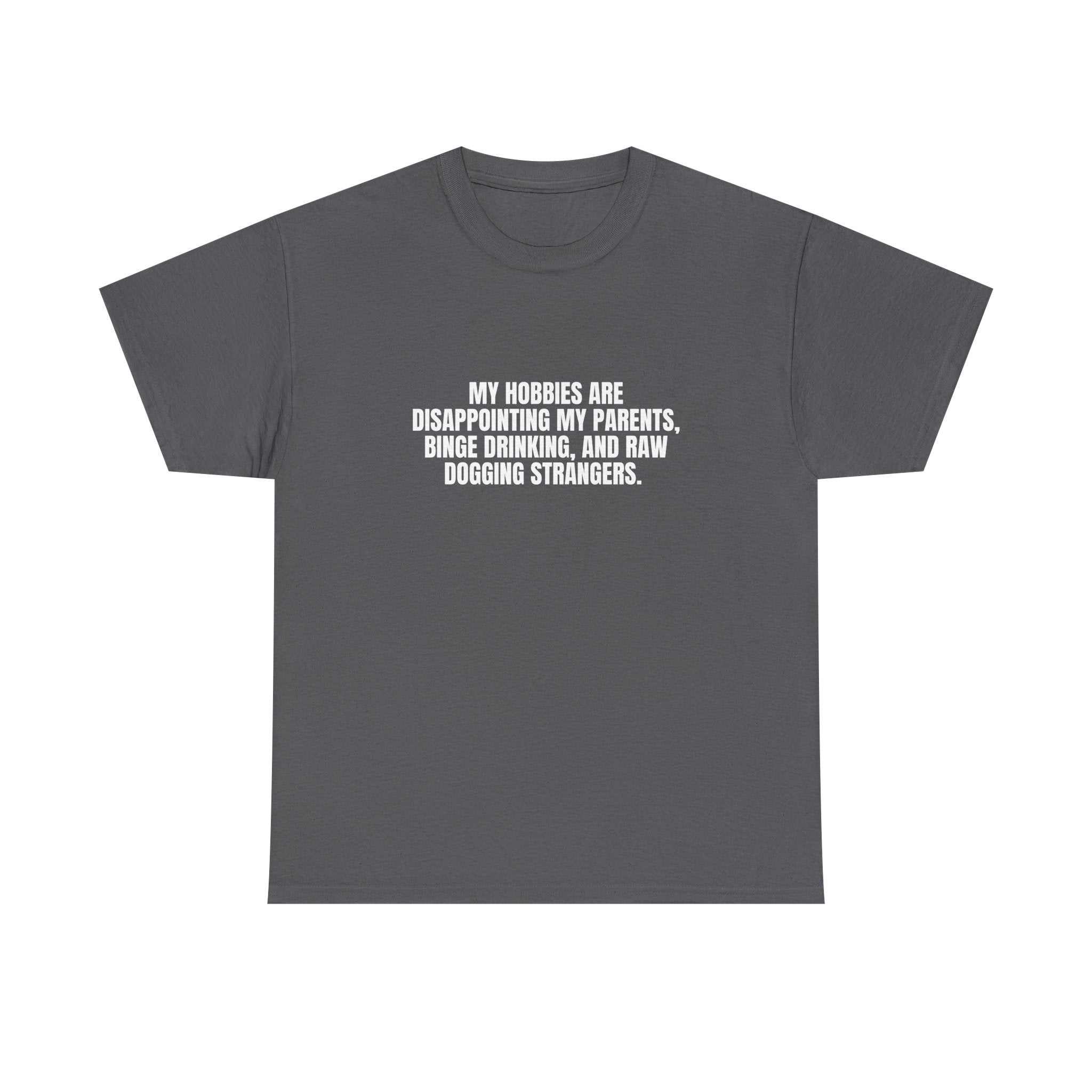 Printify I Got Hobbies T-Shirt featuring a playful, colorful graphic design on a casual fit.