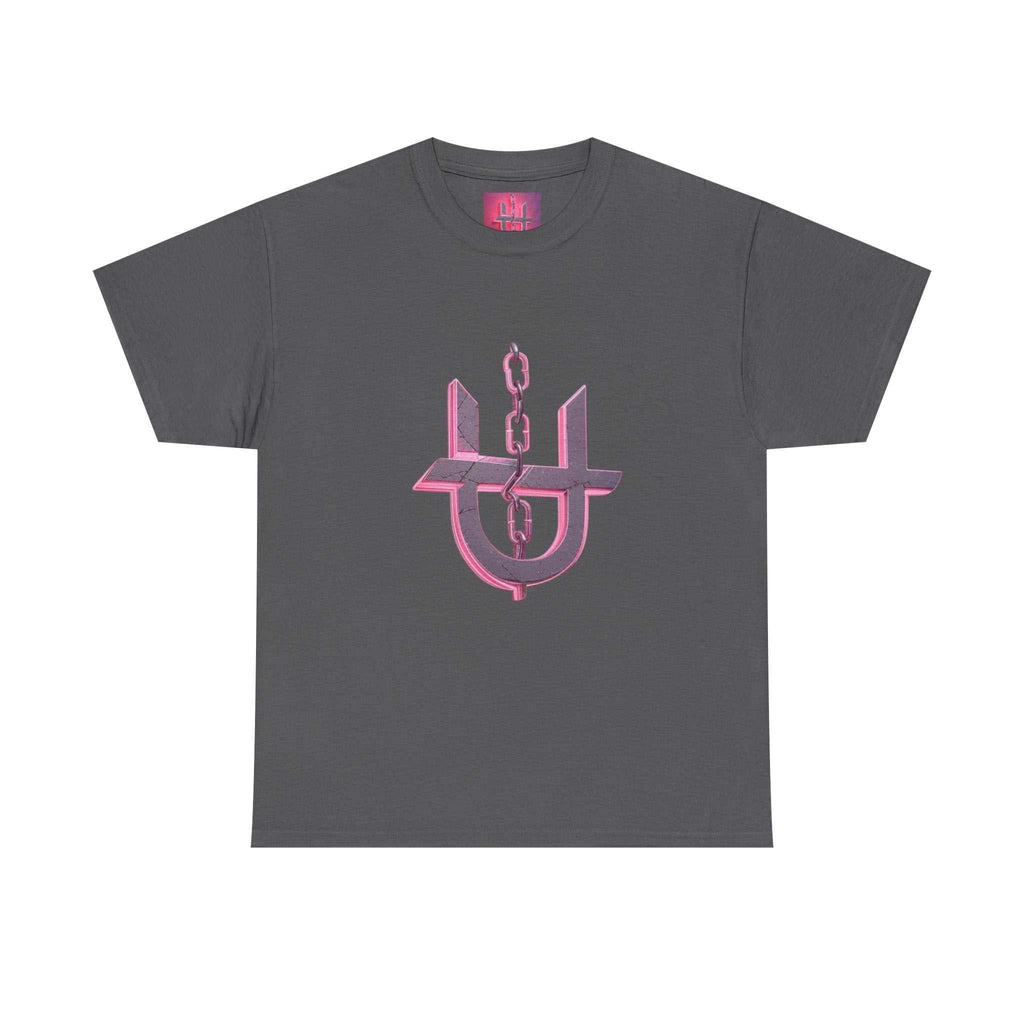 Unhinged logo pink t-shirt from Printify displayed on a flat surface with vibrant colors and soft fabric texture.