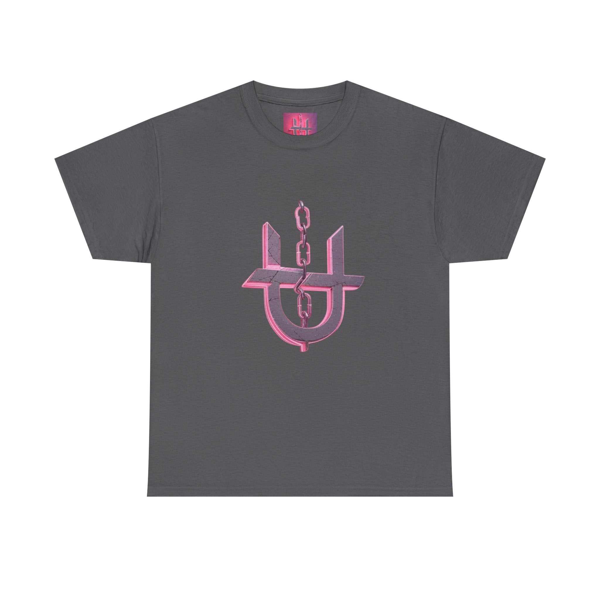 Unhinged logo pink t-shirt from Printify displayed on a flat surface with vibrant colors and soft fabric texture.