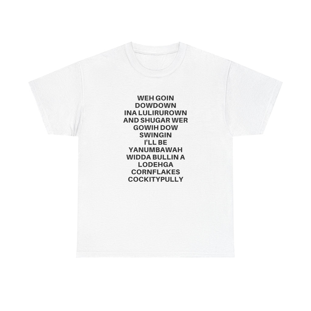White relaxed fit cotton t-shirt with stacked black text graphic reading going down swingin' for casual wear