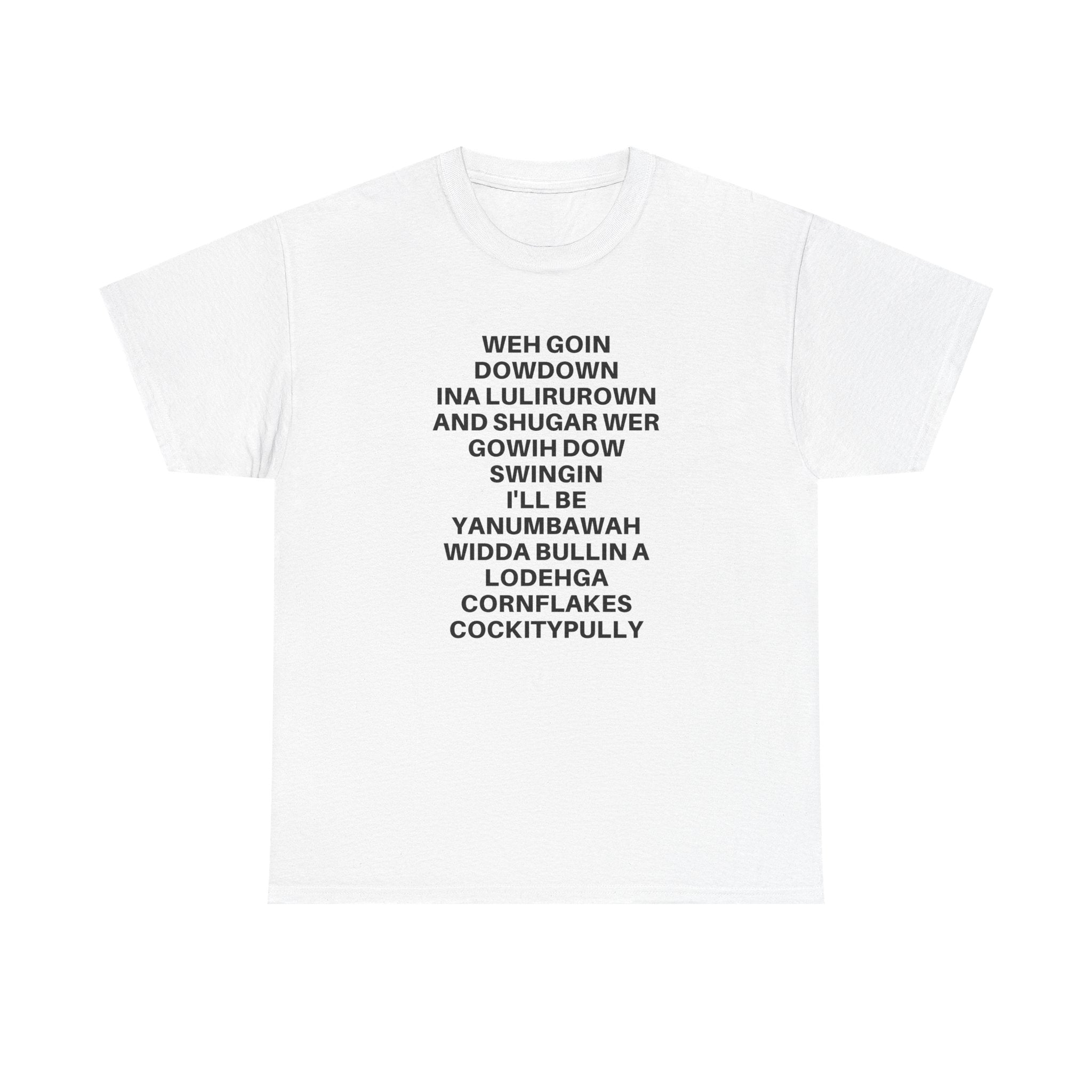 White relaxed fit cotton t-shirt with stacked black text graphic reading going down swingin' for casual wear