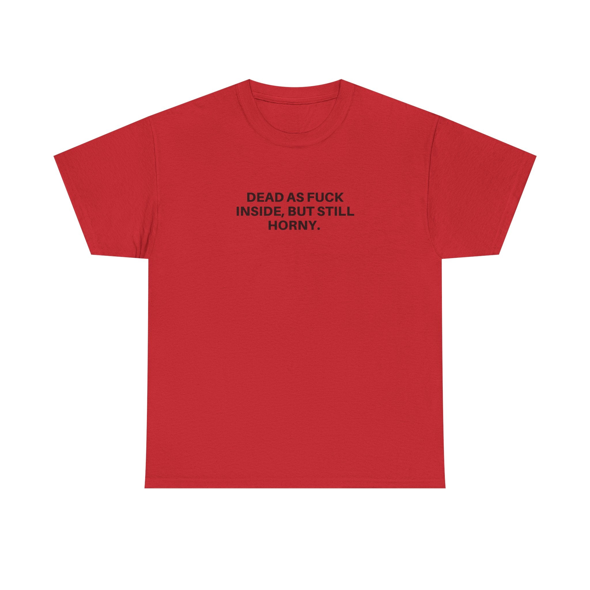 Black "Dead as F***" t-shirt from Printify featuring bold white graphic text on the front.