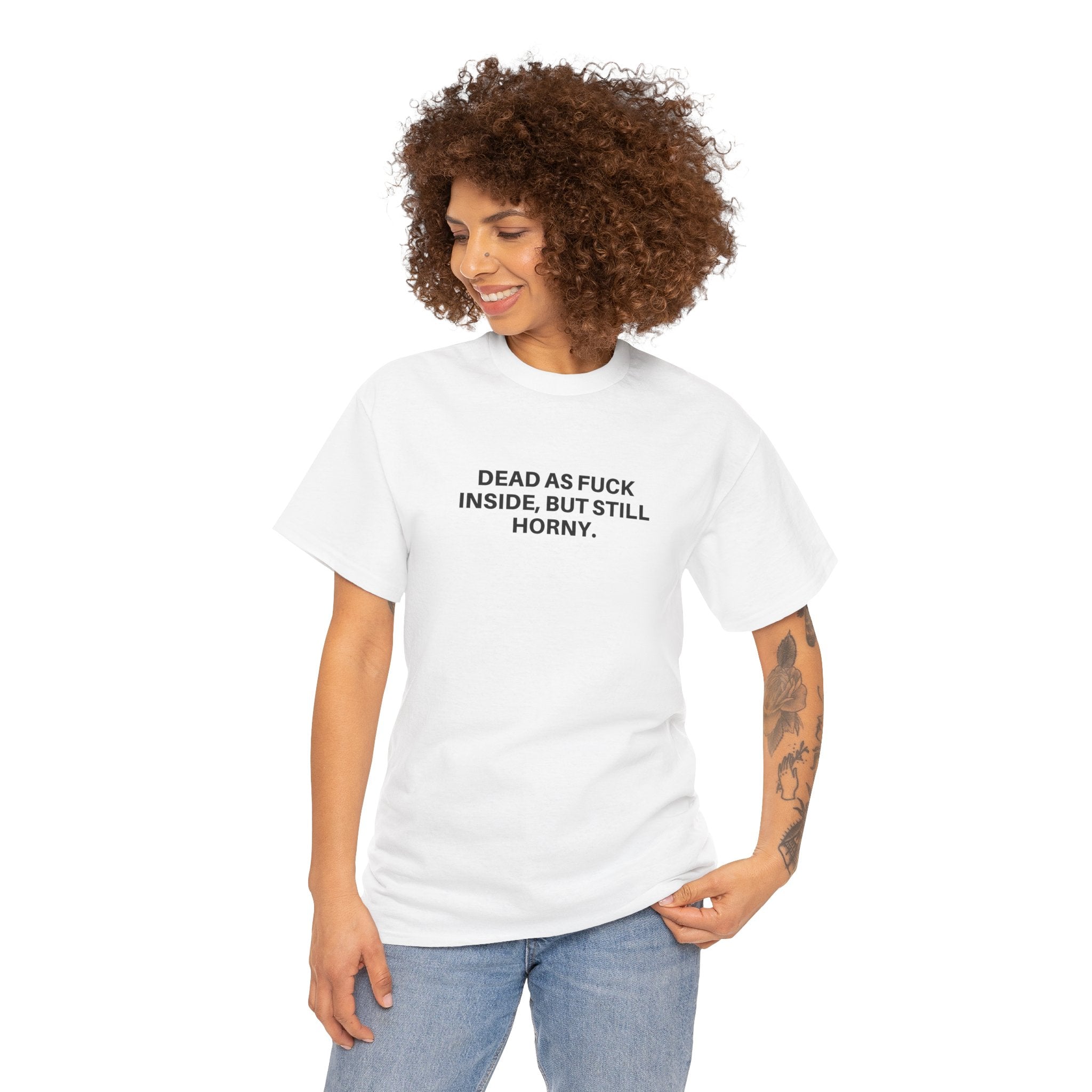 Black "Dead as F***" T-shirt by Printify featuring bold white graphic text on a relaxed fit design.