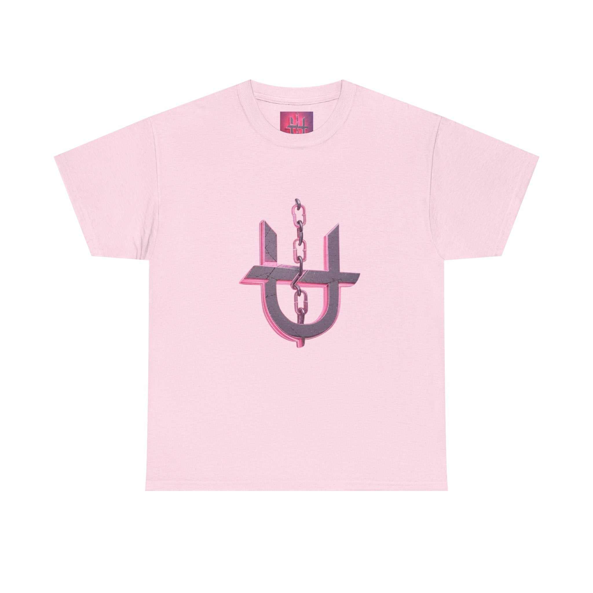 Pink Unhinged logo t-shirt by Printify displayed flat, showcasing vibrant colors and the logo prominently featured.