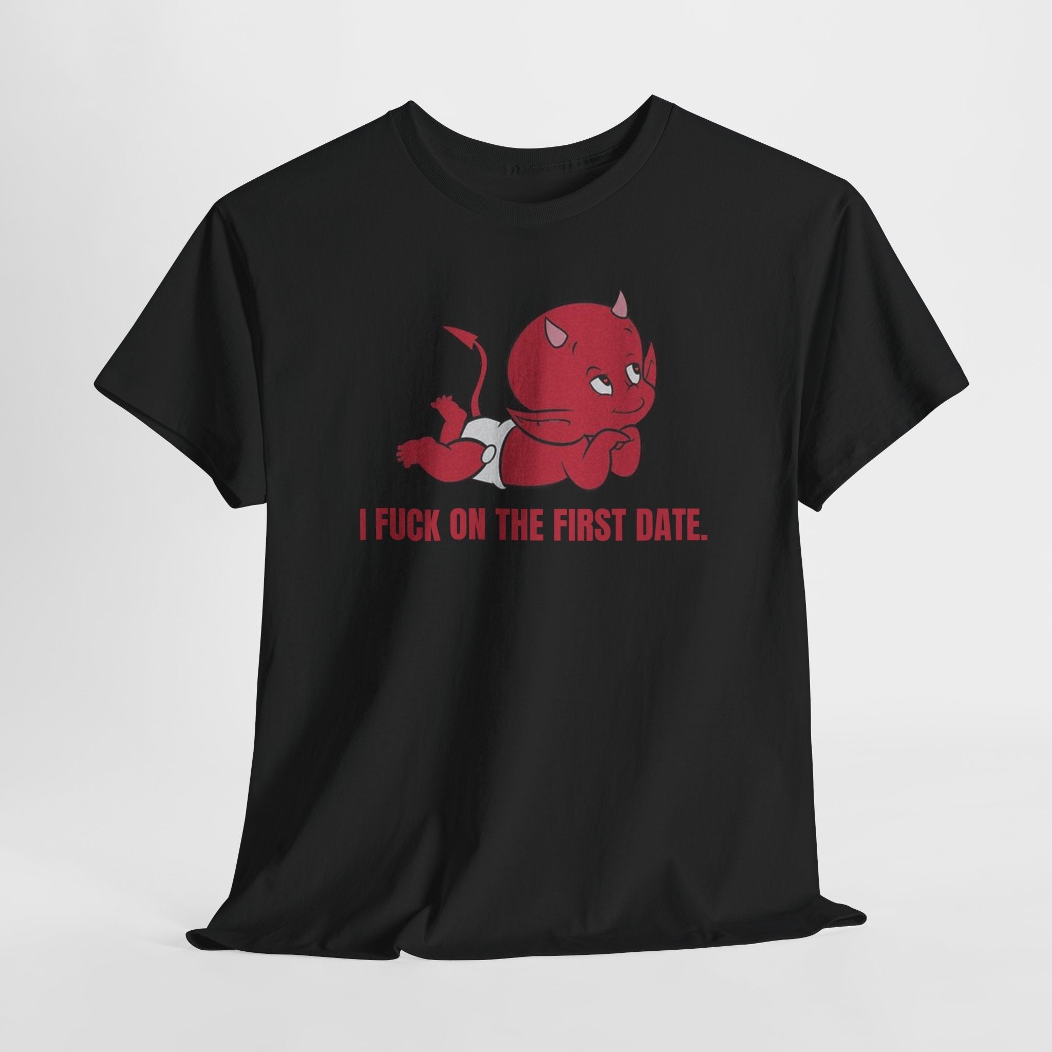 black Honest Little Devil t-shirt with red cartoon devil and bold cheeky text design
