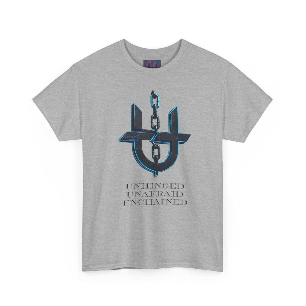 Black Printify T-shirt featuring the "Unhinged UnChained Unafraid" emblem on the front.