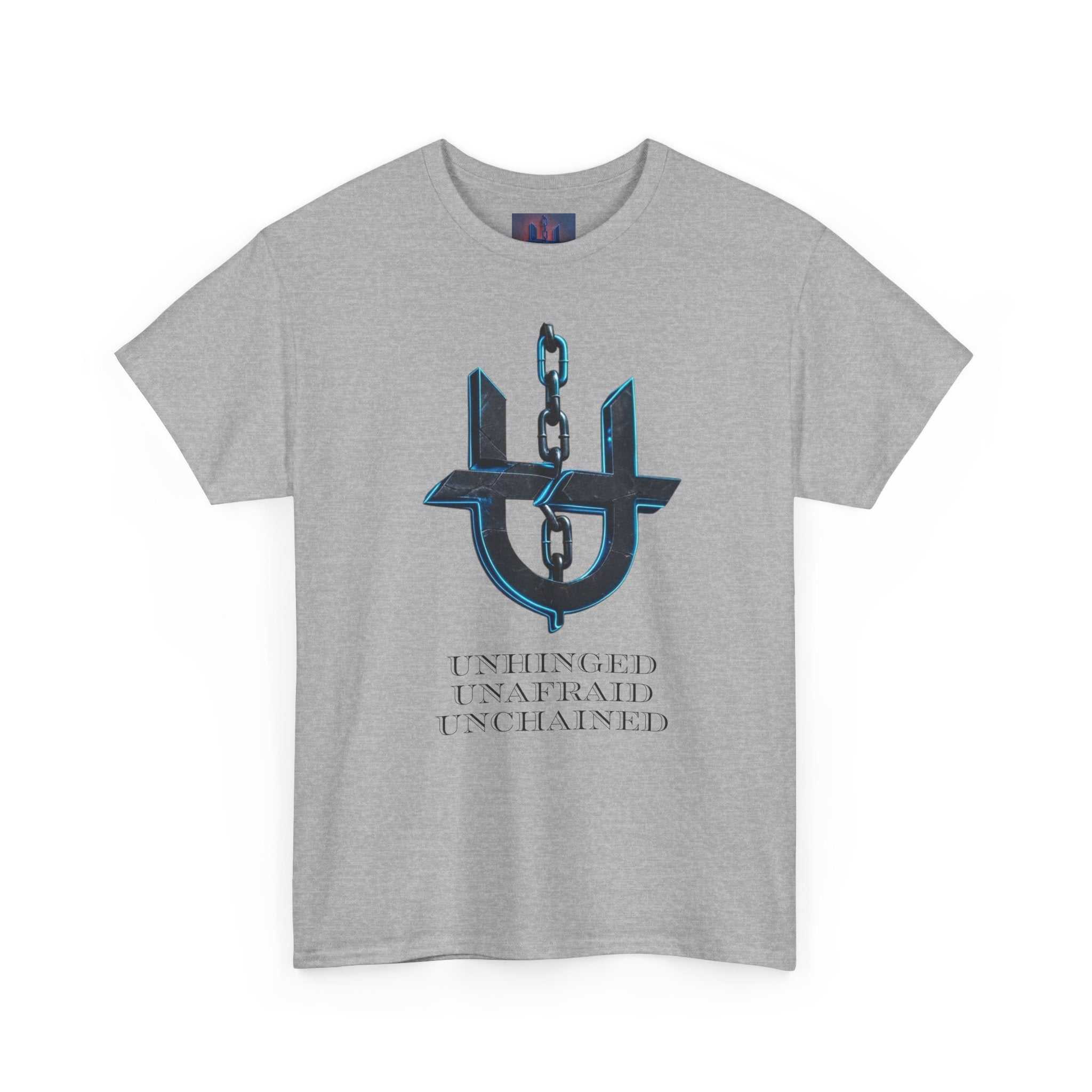 Black Printify T-shirt featuring the "Unhinged UnChained Unafraid" emblem on the front.