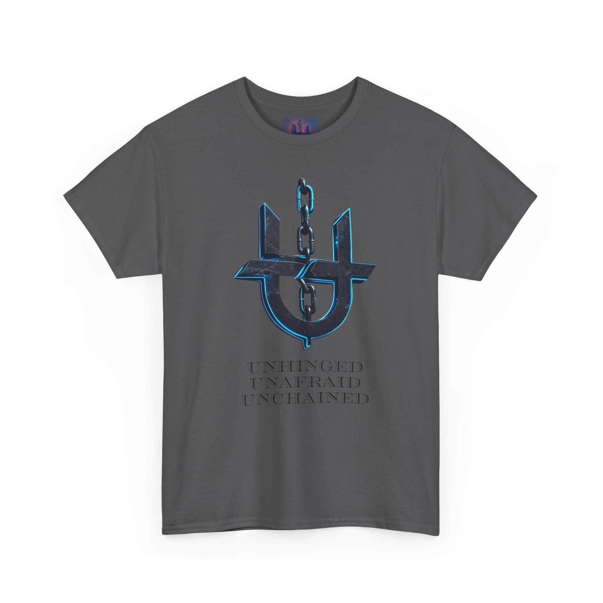 Black Printify T-Shirt featuring the "Unhinged UnChained Unafraid" emblem in bold, eye-catching design.