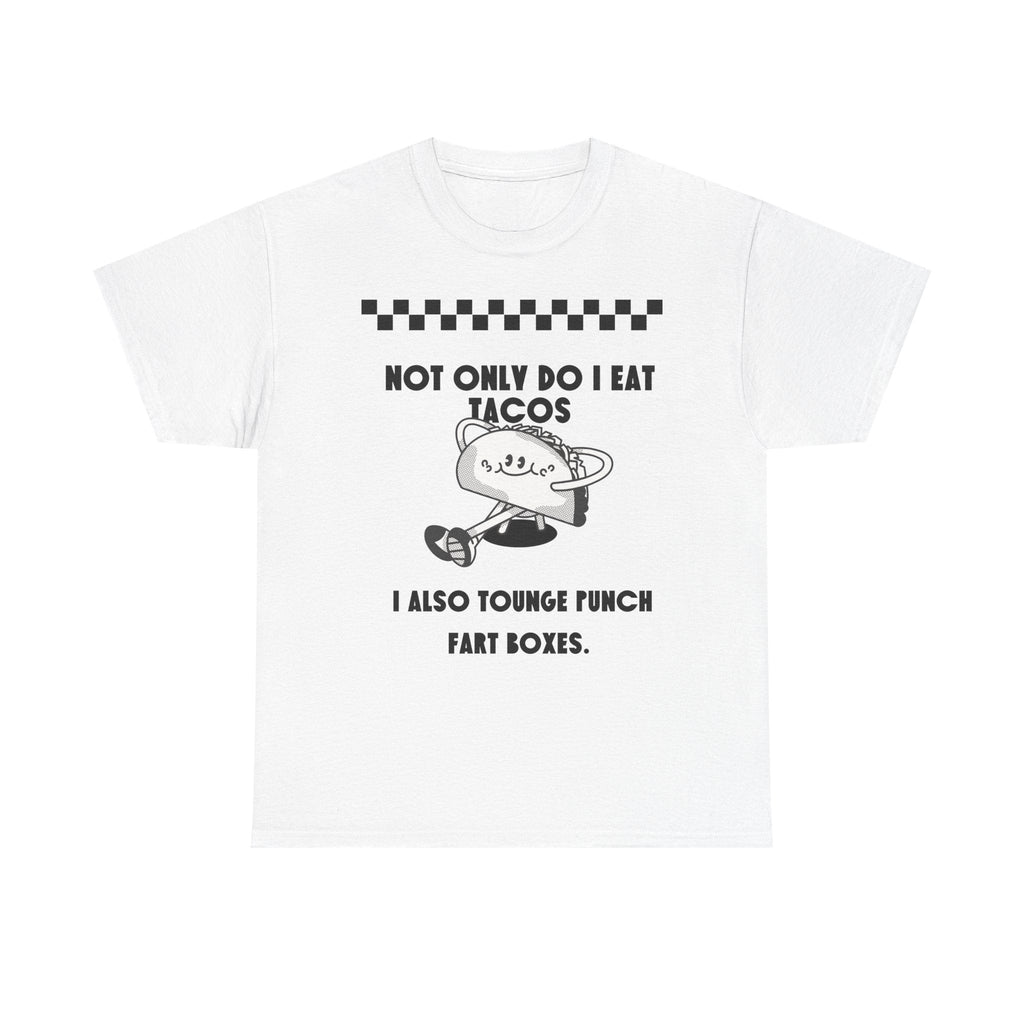 White "I eat tacos" graphic t-shirt with cartoon taco and humorous text design
