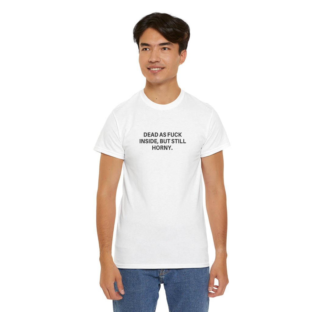 Black Dead as F*** T-Shirt by Printify featuring bold white graphic text on a casual fit.