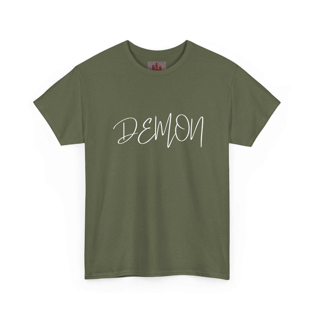 Olive green Demon Script t-shirt with bold white handwritten text on chest, soft breathable cotton tee with ribbed collar and shoulder tape.