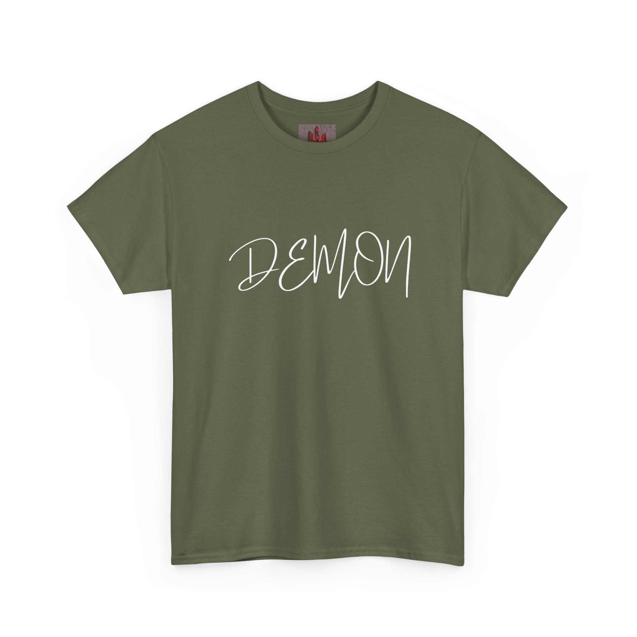 Olive green Demon Script t-shirt with bold white handwritten text on chest, soft breathable cotton tee with ribbed collar and shoulder tape.