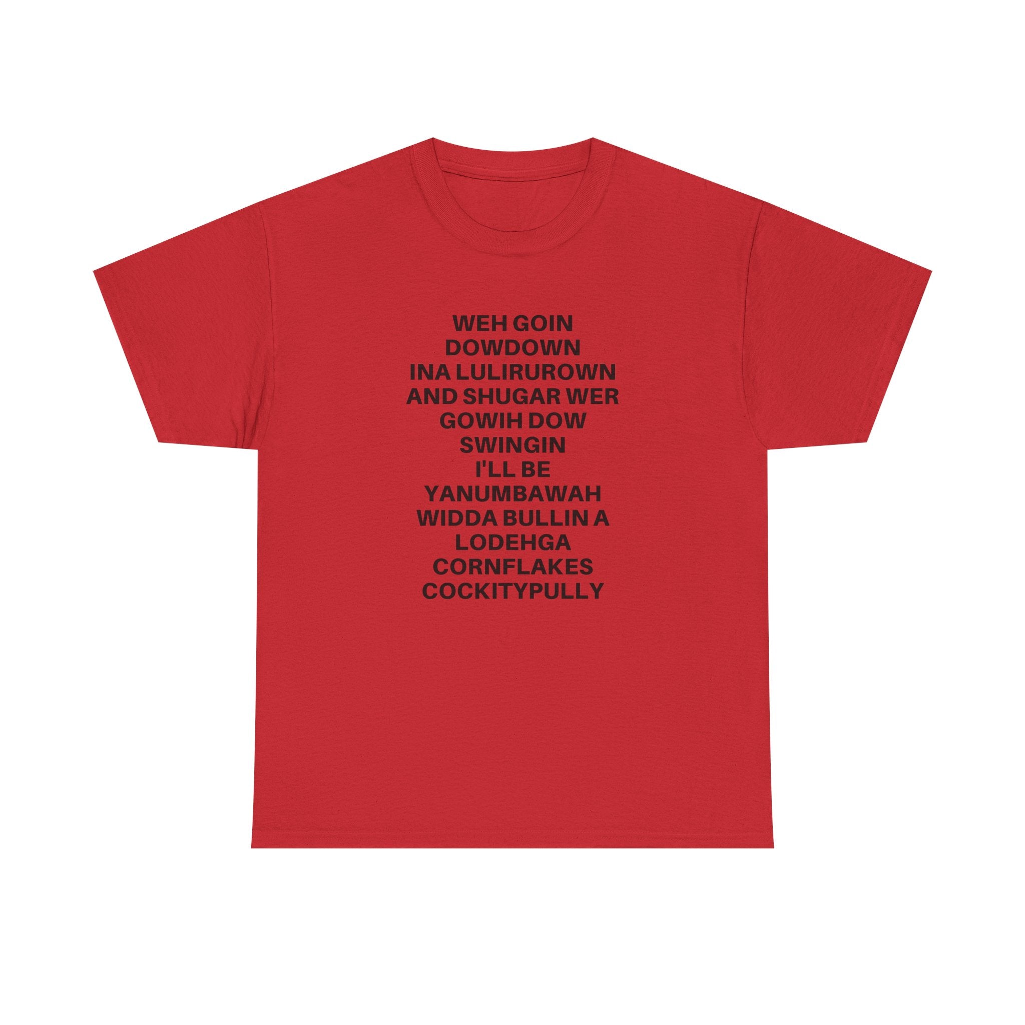 Black Printify t-shirt featuring a bold "Going Down Swingin'" graphic design on the front.